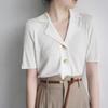 Summer Turn Down Collar Solid Color Knitting T-shirt Female Short Sleeve Casual Pullover Top Women Buttons Tee