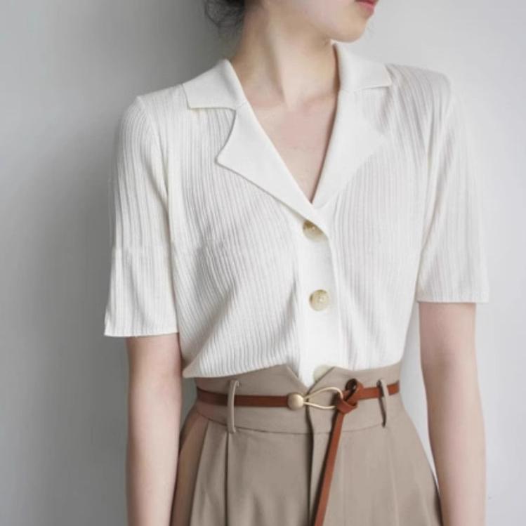 Summer Turn Down Collar Solid Color Knitting T-shirt Female Short Sleeve Casual Pullover Top Women Buttons Tee