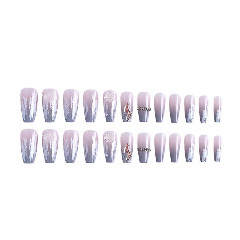 Gradient Blue-Gray Camellia Nail Tips & Stickers: Light Luxury Wearable False Nails