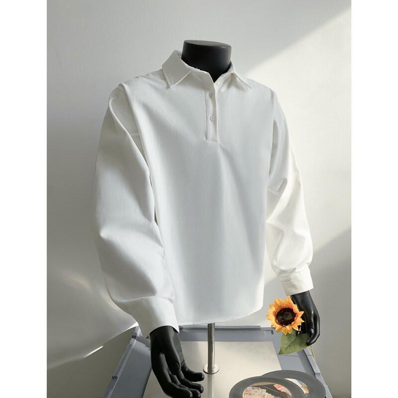 

Мужская рубашка с воротником-стойкой на пуговицах 2025, мужские повседневные рубашки поло с длинным рукавом, мужские однотонные модные футболки, мужская нижняя рубашка L белый