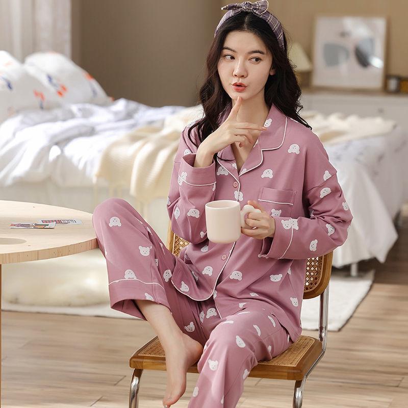 Pure cotton pajamas women's spring and autumn long-sleeved winter large-size pajamas, summer women's suits, loungewear can be worn outside