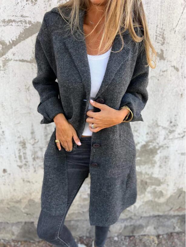 2024 Autumn/Winter Women's Mid-Length Cardigan: Solid Color, Turn-Down Collar, Pockets, Single-Breasted Design.
