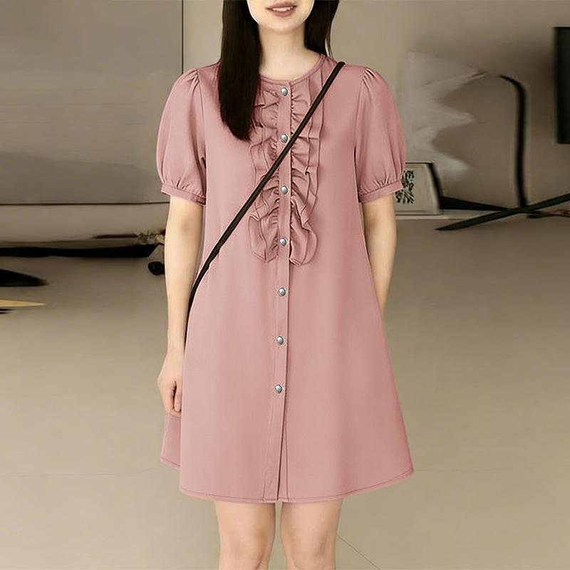 ZANZEA Women Casual Ruffles Splice Round Neck Summer Short Sleeve Dress