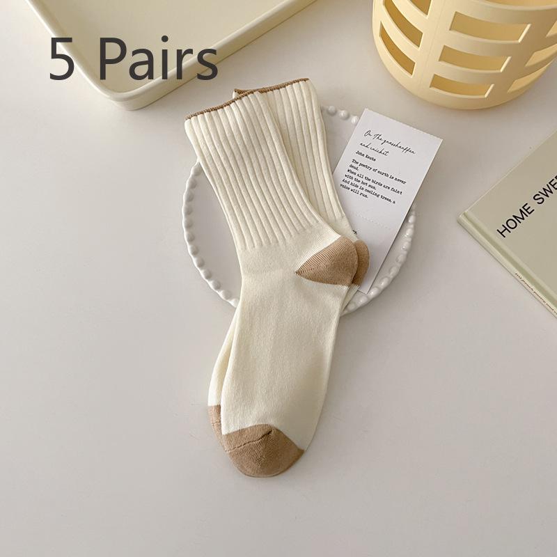 5 Paar Damen Frühling und Herbst Einfache Kontrastfarbene Baumwoll-Kniestrümpfe