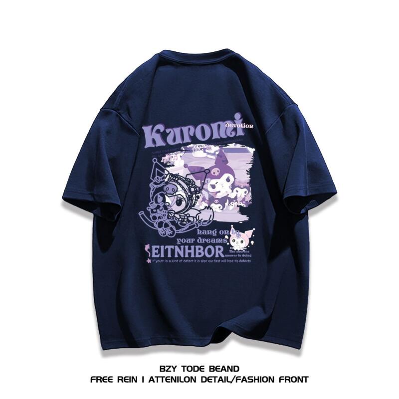 Sanrio Kuromi Cozy Heavyweight Pure Cotton Cute Printed Short Sleeved TShirt for Girl Summer Casual Trend Ins Style Loose Tops