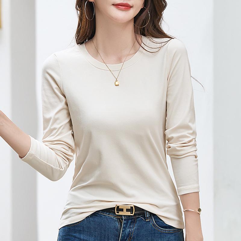 

Рубашка с эластичным низом, топы для женщин, новинка 2024 года, с круглым вырезом, весна и осень, белая черная футболка с длинными рукавами и внутренней частью S абрикосовый