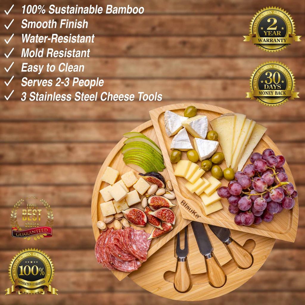 Bamboo Cheese Board Set - 37cm Swiveling Charcuterie Board with Slide-Out Drawer - Anniversary Birthday Housewarming Gift
