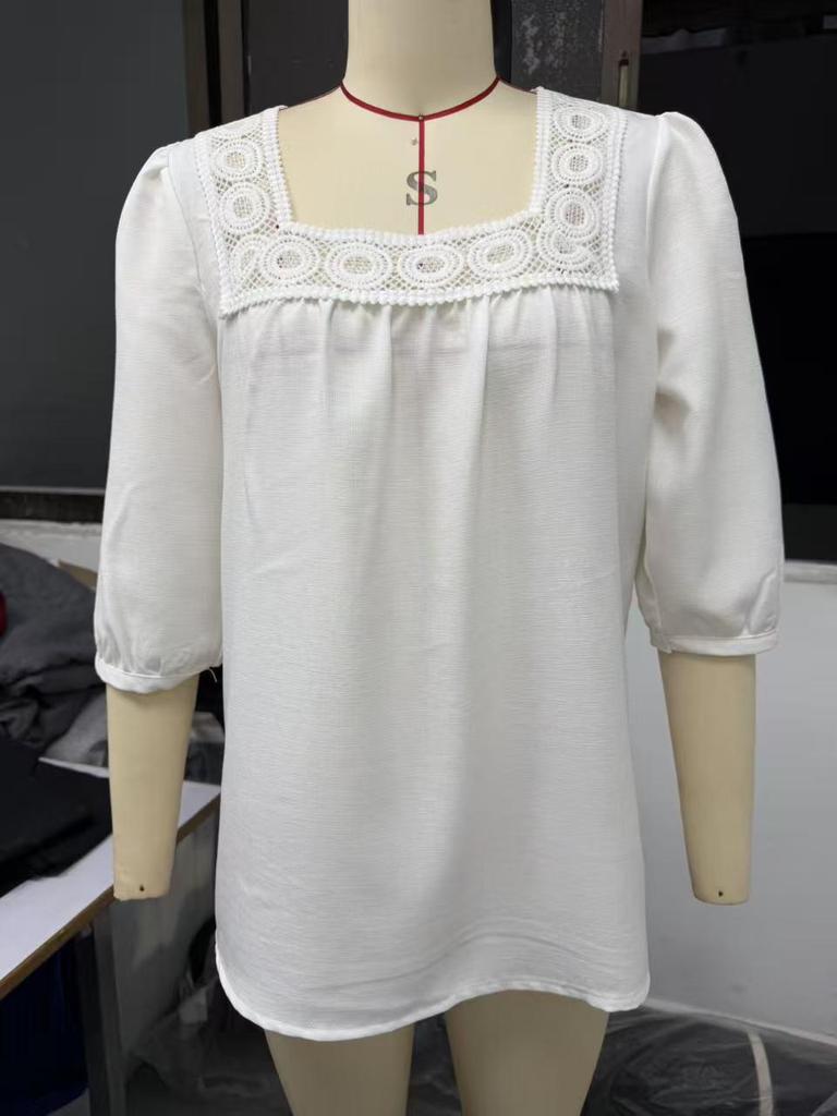2026 Women's Summer Square Neck Lace Patchwork Cotton Linen Top
