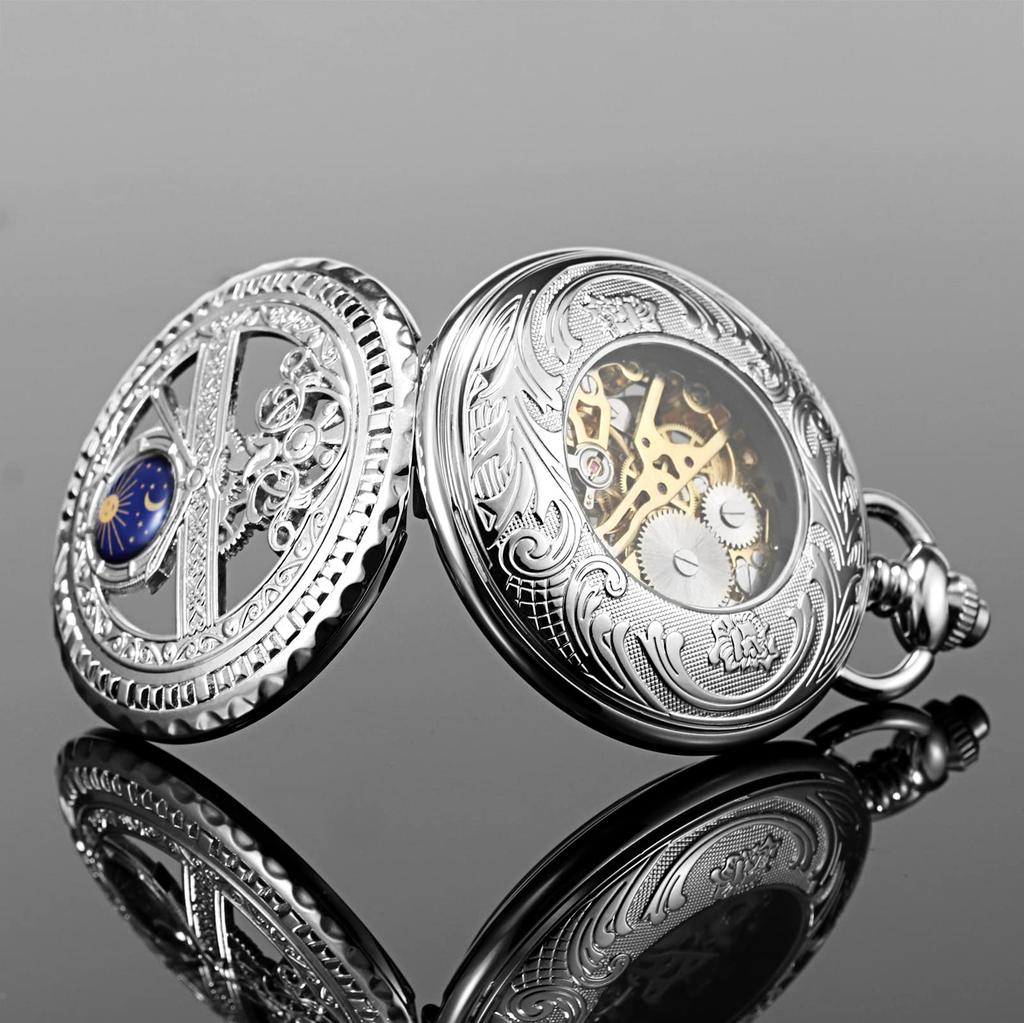 TREEWETO Mechanical Pocket Watch, Silver, Roman Numerals, Moon and Sun Design, with Chain and Gift Box
