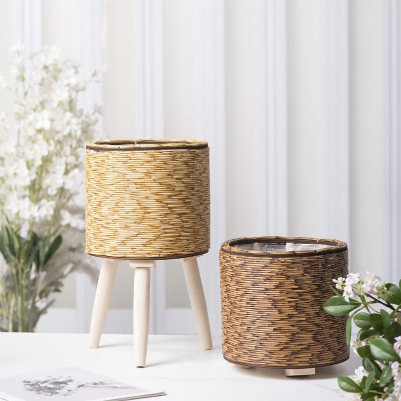 Yellow Rattan Flower Stand Handcrafted And Portable Perfect For Displaying Various Plant In Any Space