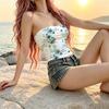 Women's Floral Bandeau Top Seamless Stretchy Summer Top,Slim Fit Soft Material for Street Style,Beach Vacation,Casual Gatherings,Pair with Denim Jeans