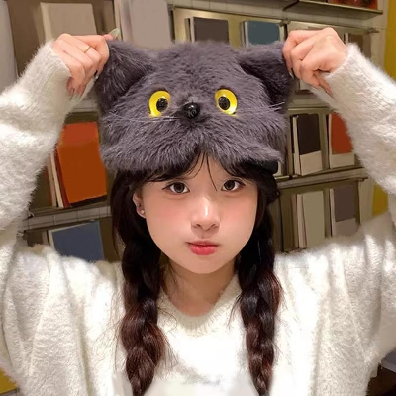 Adorable Furry Cats Ear Beanies With Tails Decors Soft Fleece Winter Hat For Women Girls Cold Weather Accessories