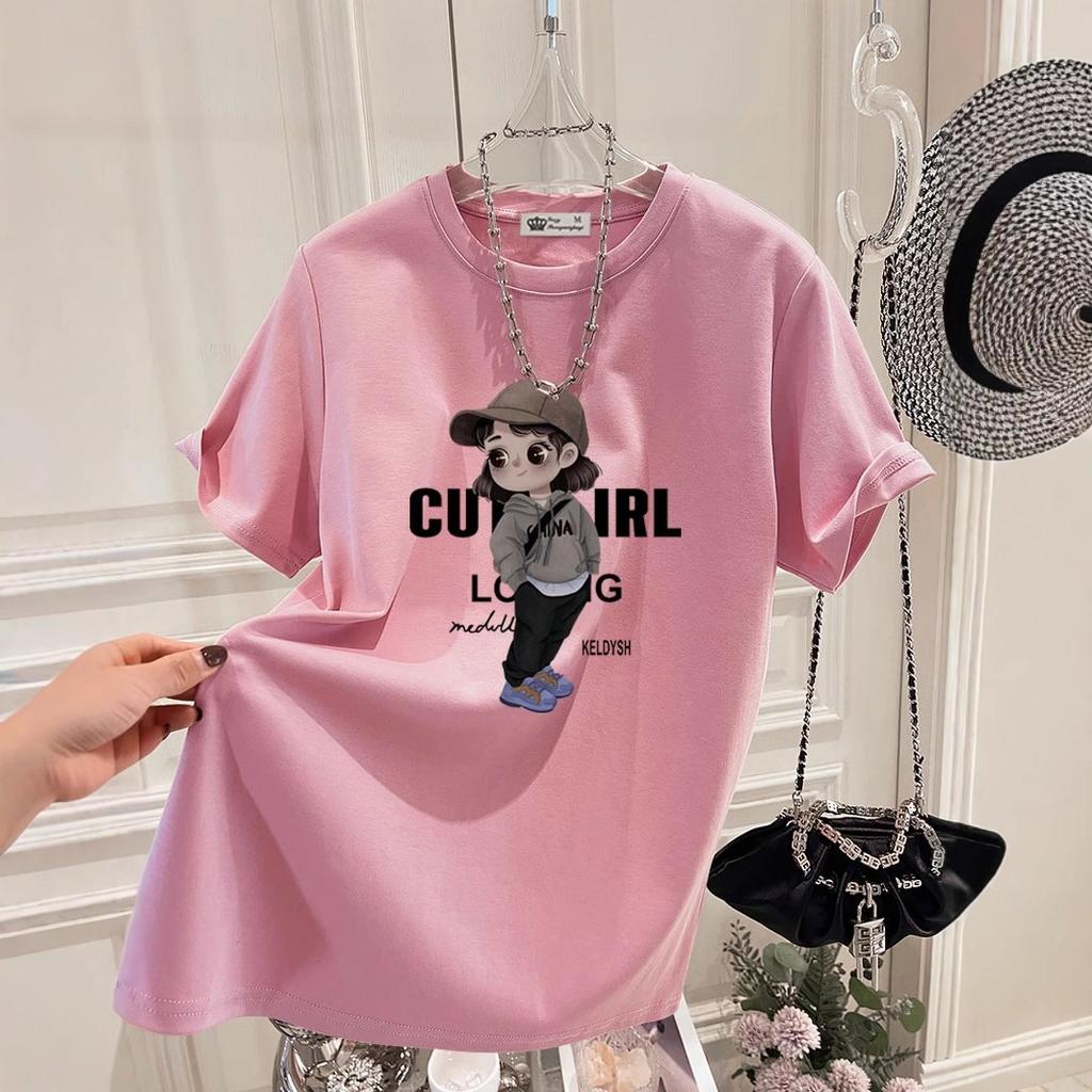 Large Version of Loose T-shirt for Women's Short-sleeved Pure Cotton Summer New Korean Version of Cute Girl Mid-length Top