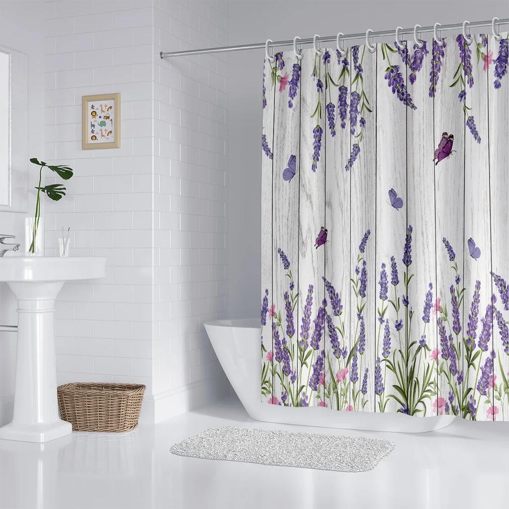 1pcs Natural Floral Purple Lavender Pattern Printed Shower Curtain Partition Bathroom Waterproof and Mildew Proof