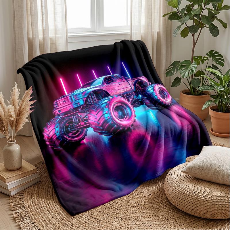 Neon Monster Truck Theme Blanket Lightweight Warm Flannel Blanket Decorative Throw Blanket for Home Decoration