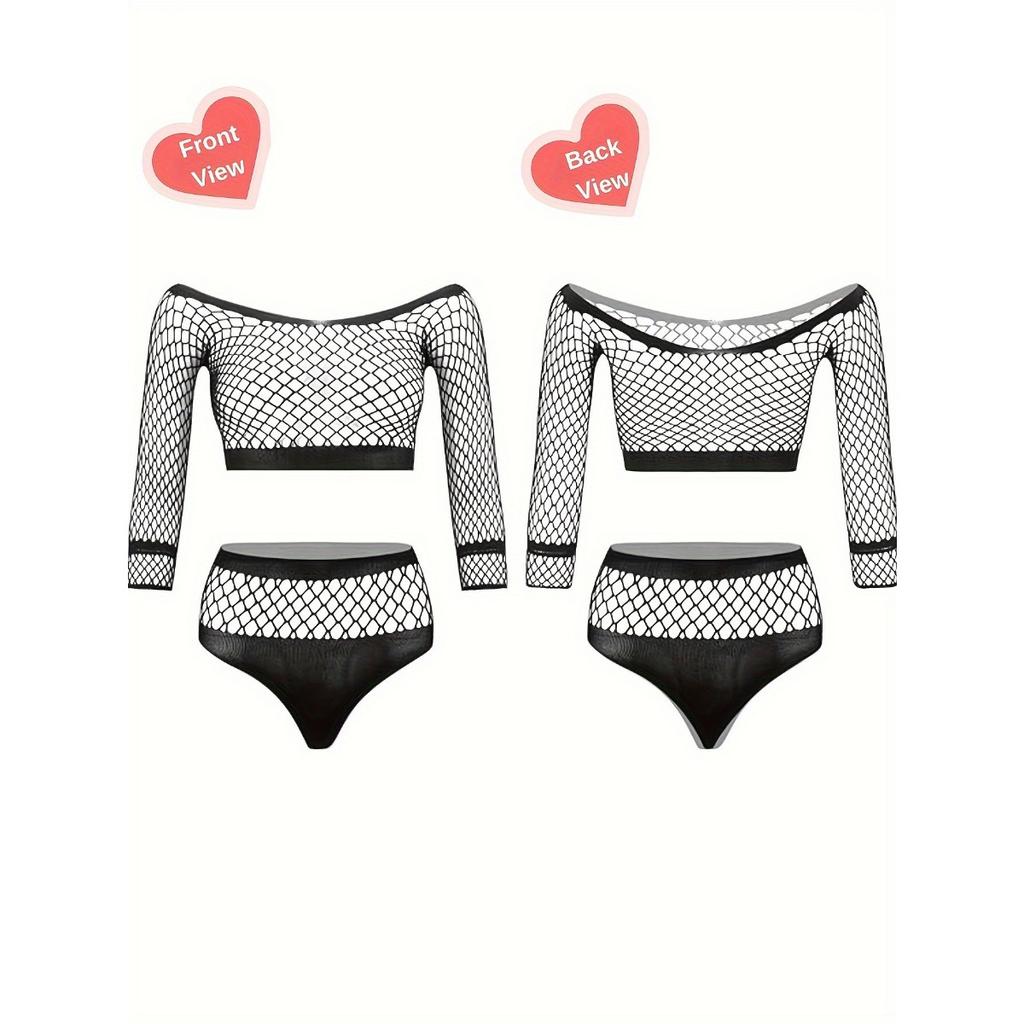 Sexy Underwear Female Sexy Hollow Up and Down Two-piece Net Suit Black Temptation