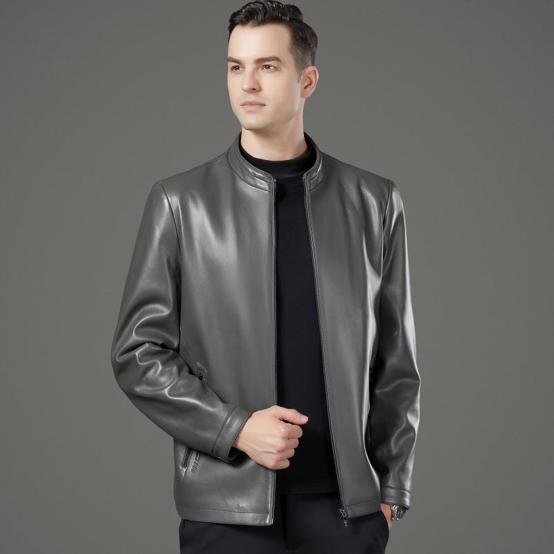 Genuine Leather Jacket Men's Sheepskin Autumn and Winter Stand-up Collar Daddy Leather Jacket Middle-aged Plus Velvet Warm Jacket