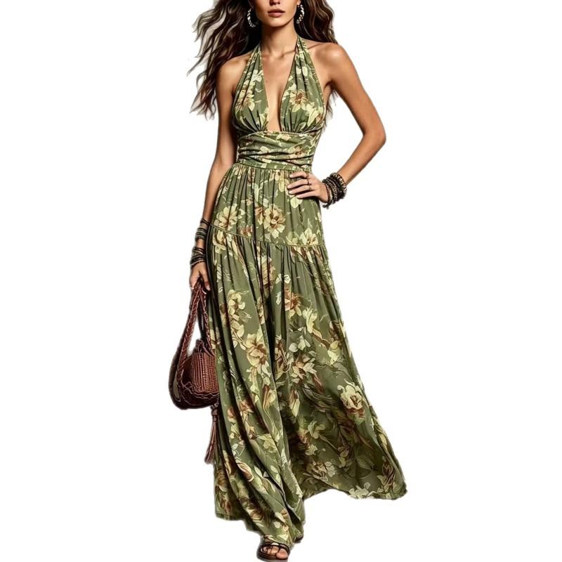 2026 Fashion Halter V-Neck Floral Print Backless Long Dress Women