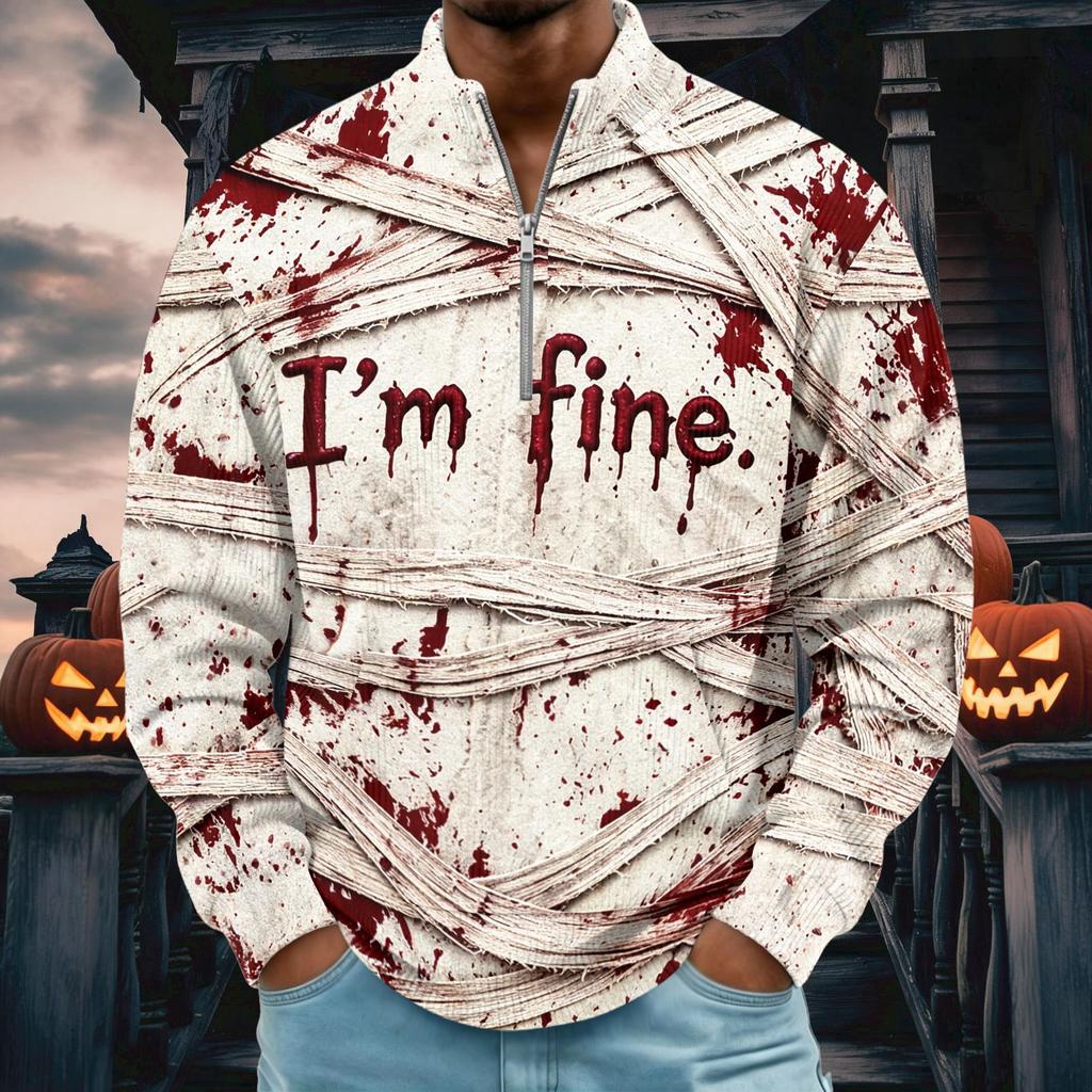 Men's Retro Corduroy Halloween Print Stand Collar Long Sleeve Casual Top with Pocket