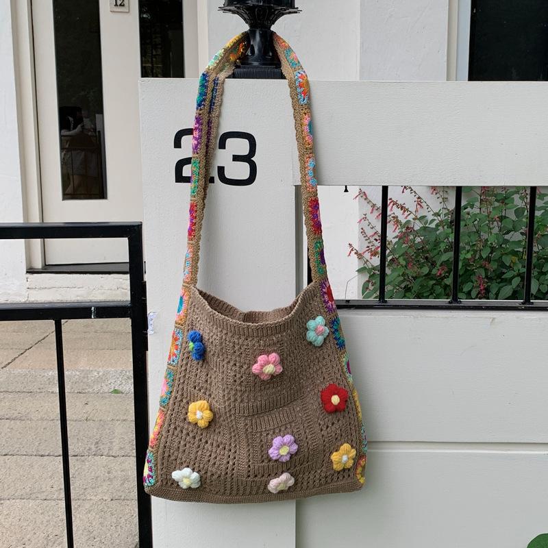 Yogodlns Vintage Hollow Woven Women Floral Decor Shoulder Bag Knitting Handbags Large Capacity Tote Bags For Ladies Beach Travel Shopper Purse