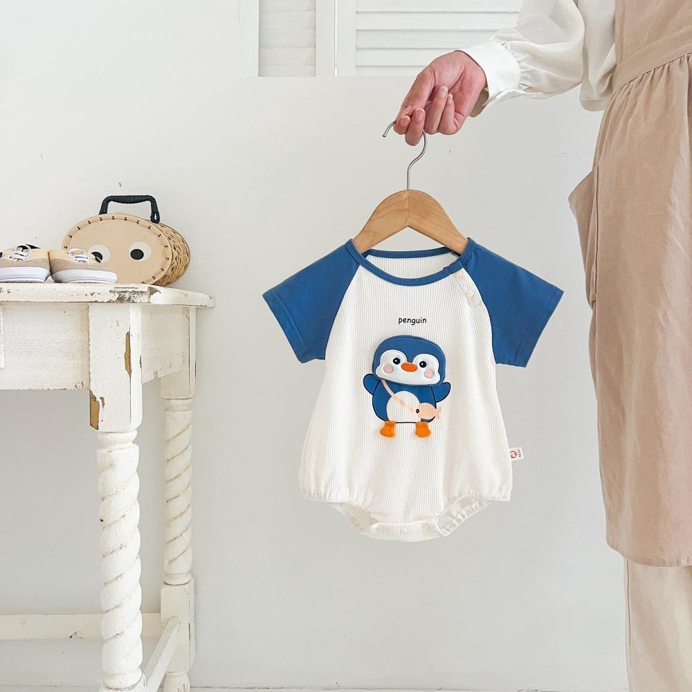 Baby Summer Penguin Romper - Newborn Unisex Short Sleeve Cartoon Bodysuit 66cm синий