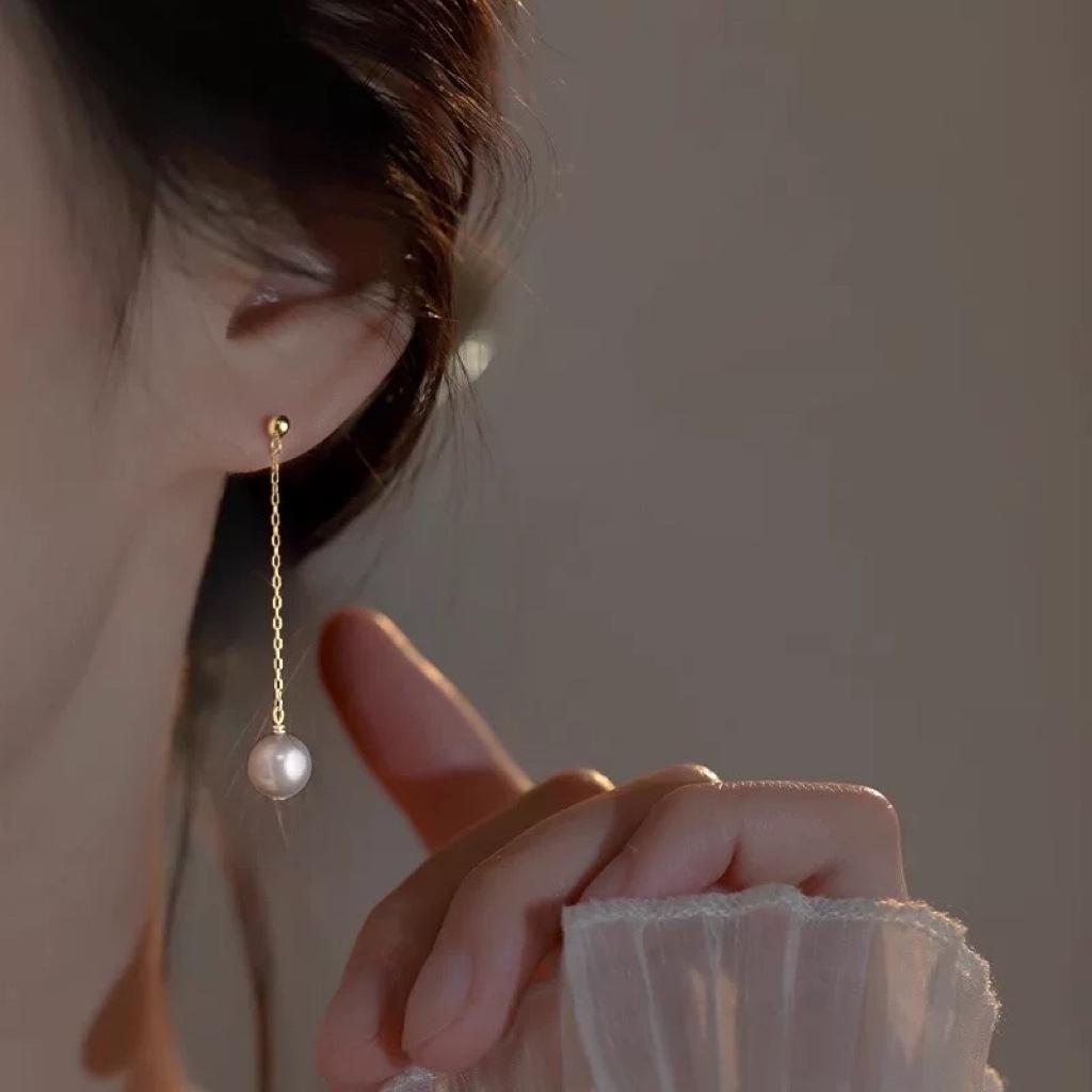 Beixi Silverware S925 Sterling Silver Women's Faux Pearl Tassel Ear Studs - High-End, Fashionable, Long Style