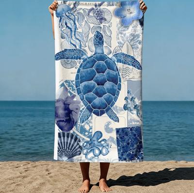 1pc Summer Boho Style Blue Sea Turtle and Art Nouveau-Inspired Print Design Beach Towel for Swimming Pool Vacation Towel
