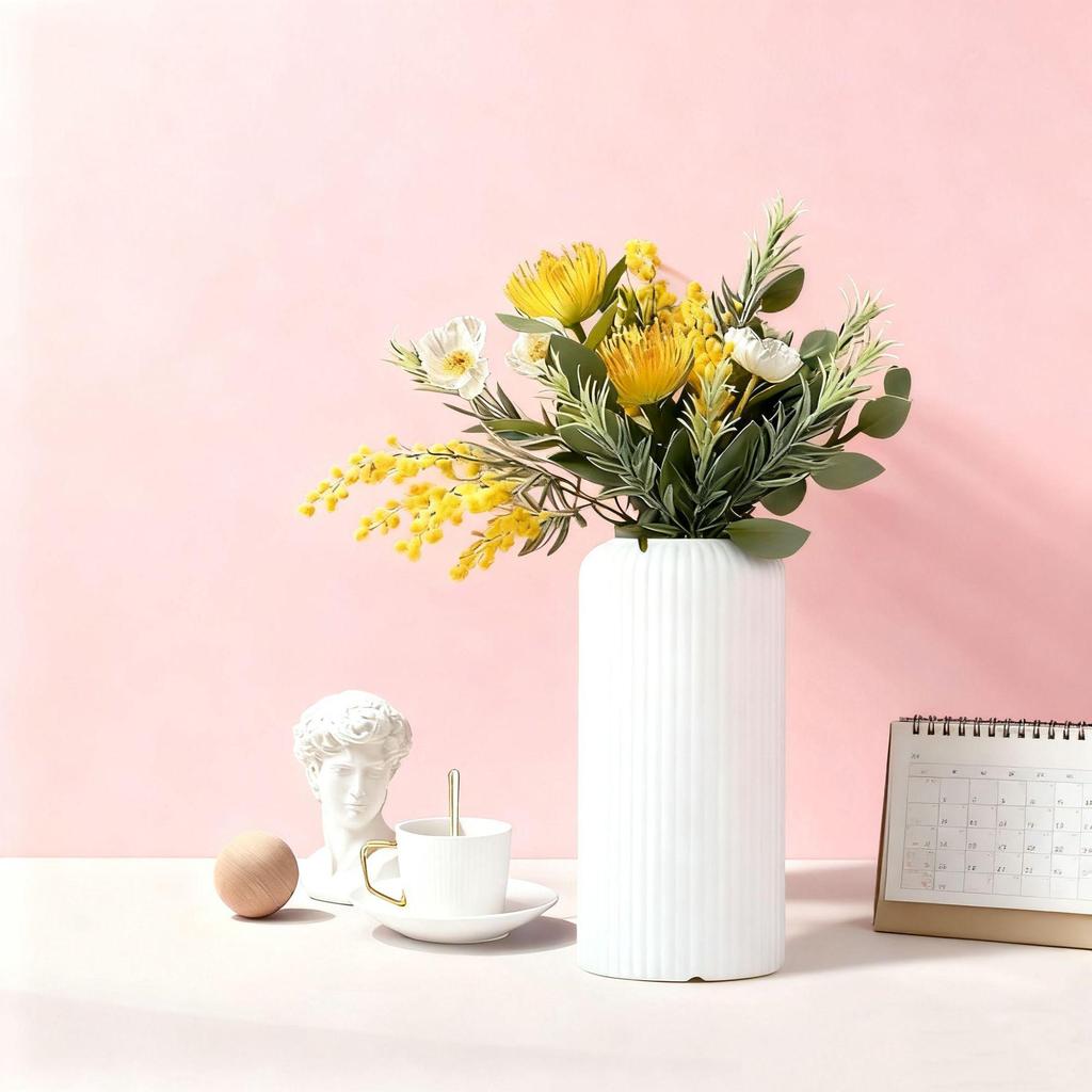 Japanese White Faux Ceramic Striped Vase - Retro Tabletop Ornament for Living Room, Hydroponic Decor