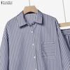 ZANZEA Women Long Sleeve Blouse and Long Skirts Stripe Print Two Piece Suit Sets