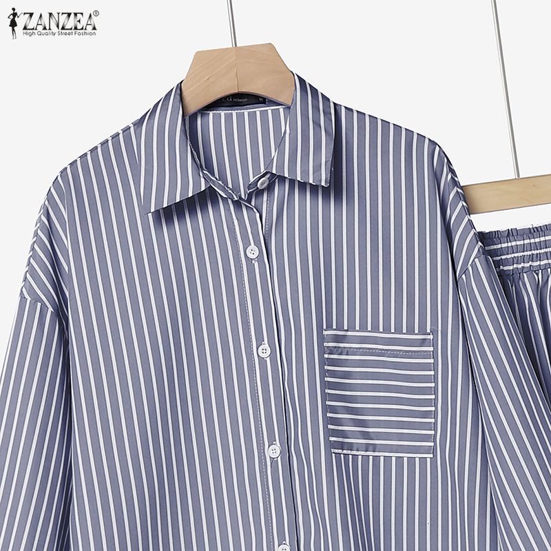 ZANZEA Women Long Sleeve Blouse and Long Skirts Stripe Print Two Piece Suit Sets