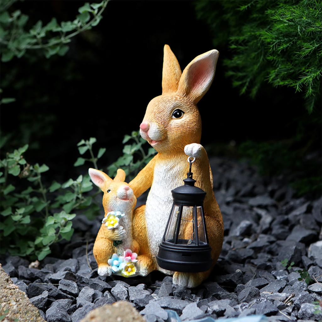 Resin Rabbit Garden Ornament with Solar Light Cute Rabbit Animal Ornament for Backyard Pond Patio Porch Outside Decorations