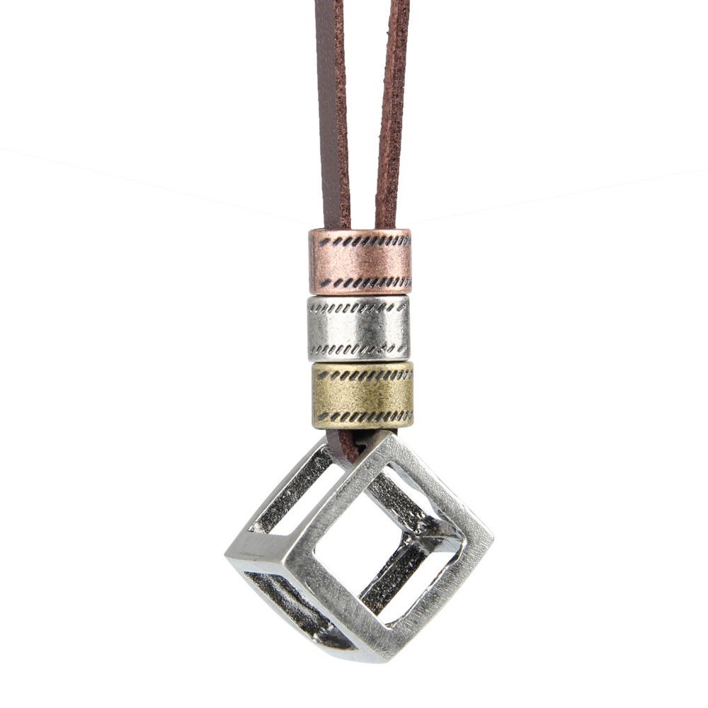 Alloy Two-Circle Pendant Necklace with Genuine Leather Cowhide Cord