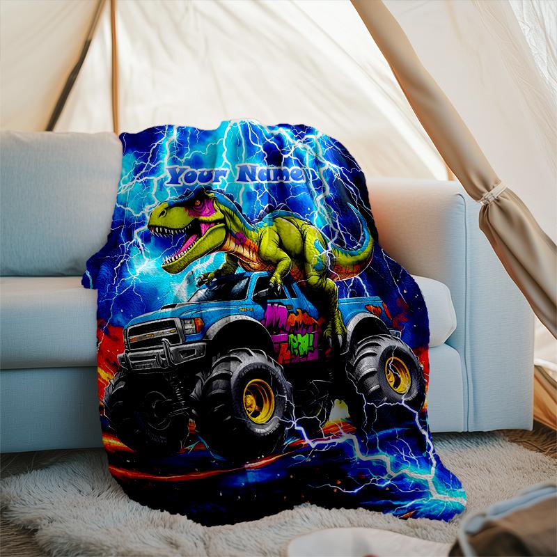 1PC Custom Name Dinosaur Monster Truck Adventure outdooor Flannel blankets Patterns Throw Blanket All-Season Soft Gift for Couch, Bed, Camping gifts