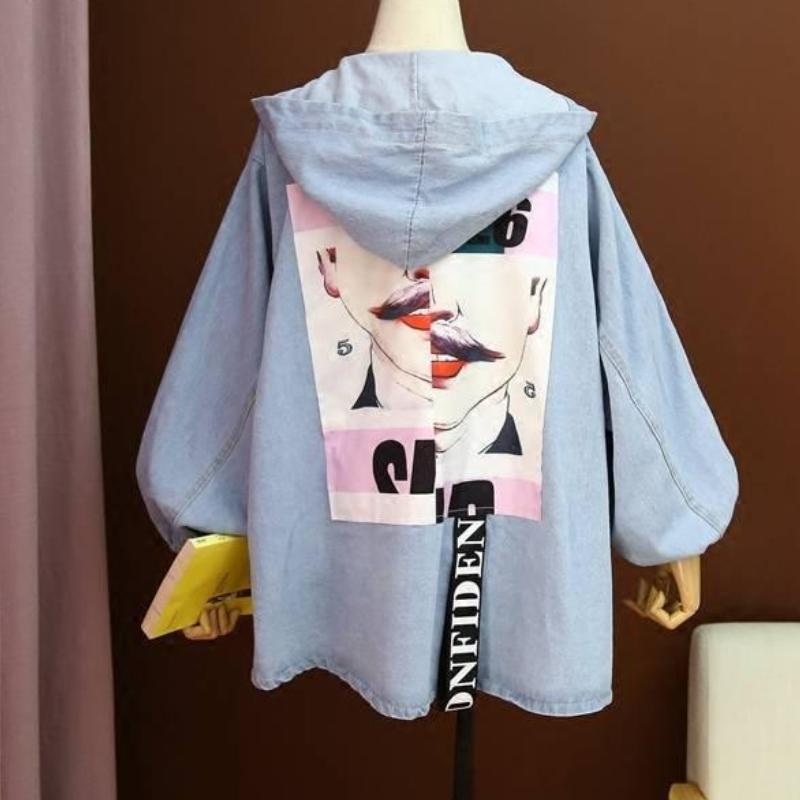 Lässige Jeansjacke für Damen, trendiger Print-Mantel im koreanischen Stil, lockere Kapuzenoberteile, Retro-Chic, kurze Jacken mit Clown-Print, Damenbekleidung