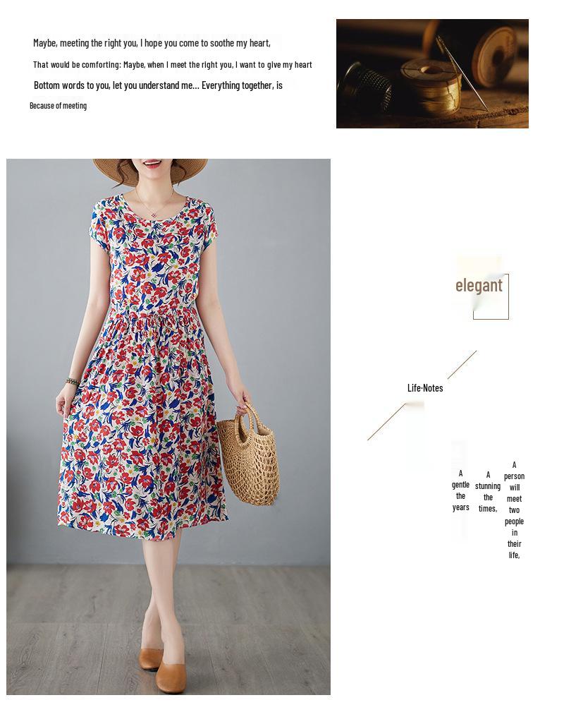 2025 Summer Floral Cotton-Silk A-Line Dress: Women's Short Sleeve, Loose Waist, Slimming Tie Mid-Length