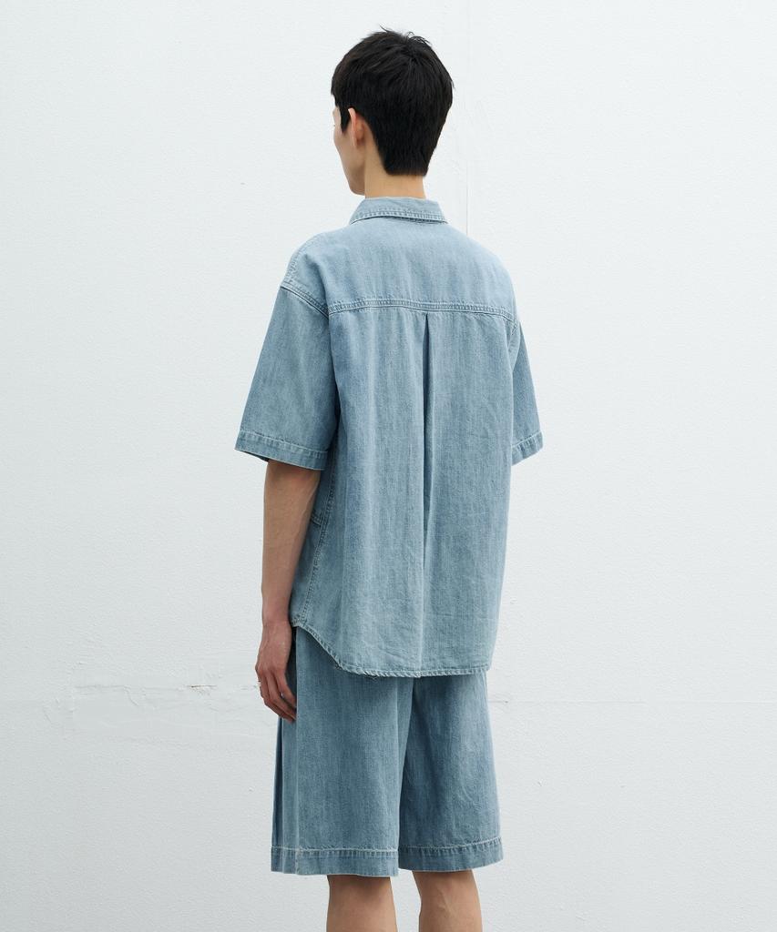 MINAV Single-Pleat Linen Bermuda Denim Pants [Light Blue]