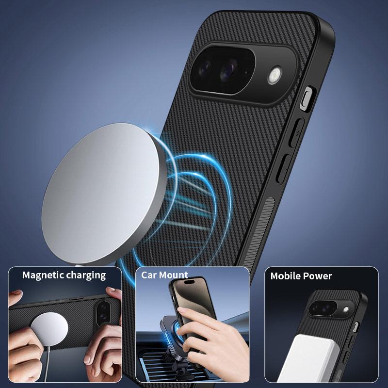 For Google Pixel 9 Magnetic Case WANLONFENG TQ1 Series Carbon Fiber Texture PC TPU Phone Cover with 2Pcs Screen Films