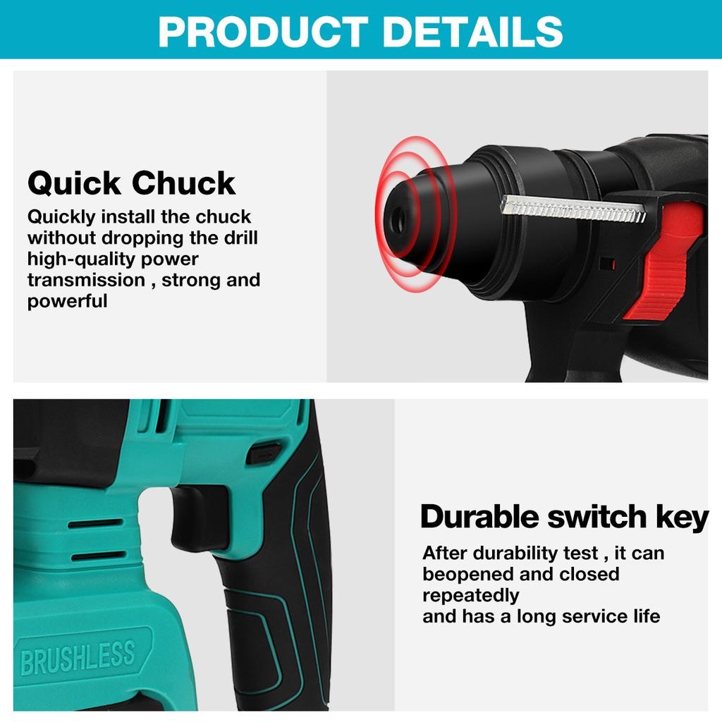 1400/min Brushless Cordless Rotary Hammer Drill 1/2 Batteries Rechargeable Electric Hammer Impact Drill for 18V Battery Green New 13.4x8.7""