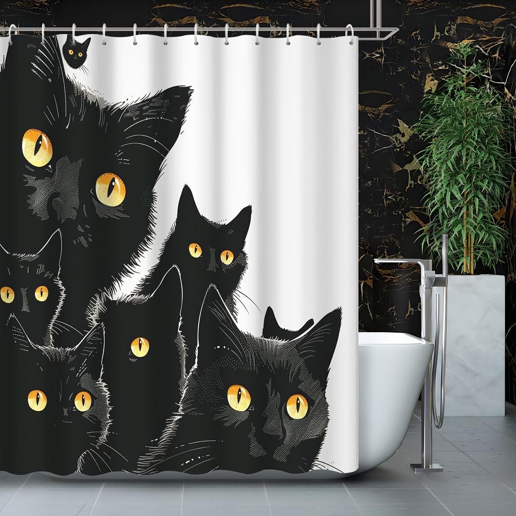 1pc Halloween Home Decor Abstract Art Cartoon Animal Black Cat Shower Curtain, 12 Hooks Shower Curtain, Bathroom Decoratio