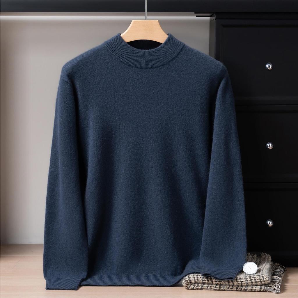 Men's 12-Gauge Double-Layer Cashmere Sweater, Half-High Collar, Long-Sleeve, Business Casual, Warm Knitted Base Layer