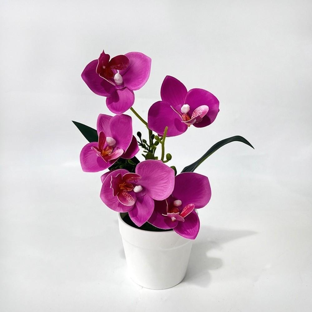 5 Blooms Artificial Orchid Arrangement Realistic Potted Flower Display Table Centerpiece
