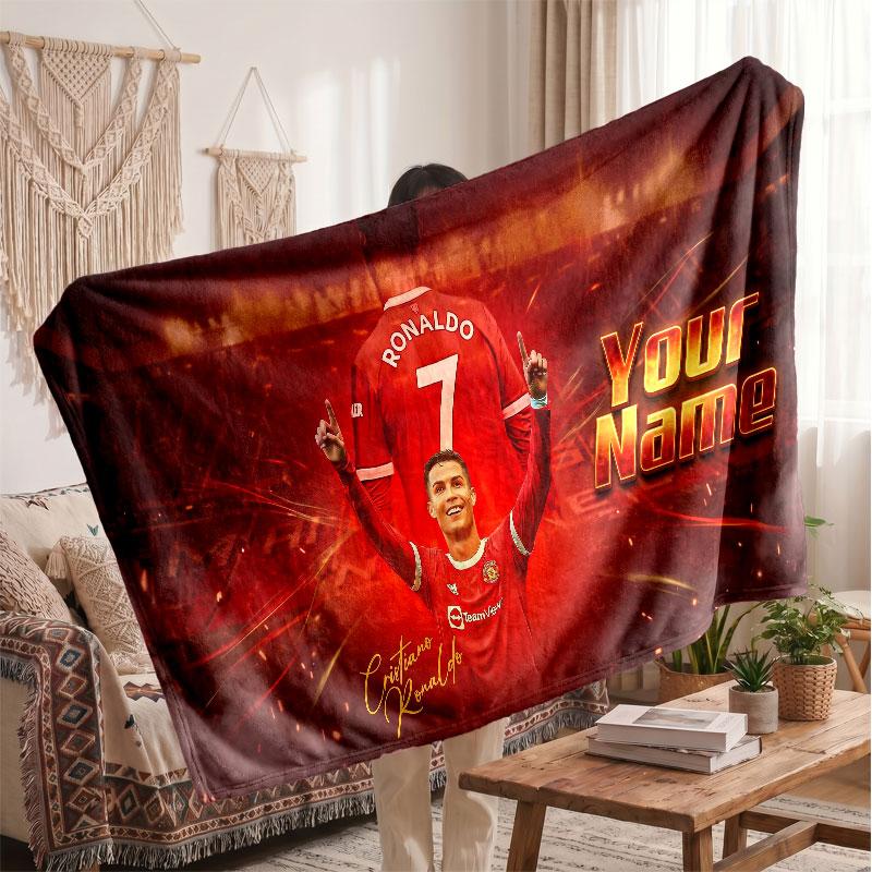 Cristiano Ronaldo Personalized Fleece Blanket With Football Logo, Custom Name Text Soft Warm Home Throw Blanket