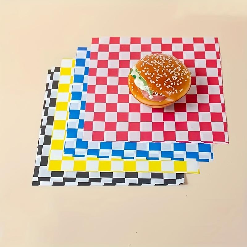 50/100 kusů Kostkované obaly na sendviče Suchý voskovaný papír Odolný proti mastnotě Černý Červený Vložka do košíku na hamburgery a jídlo Olejový papír