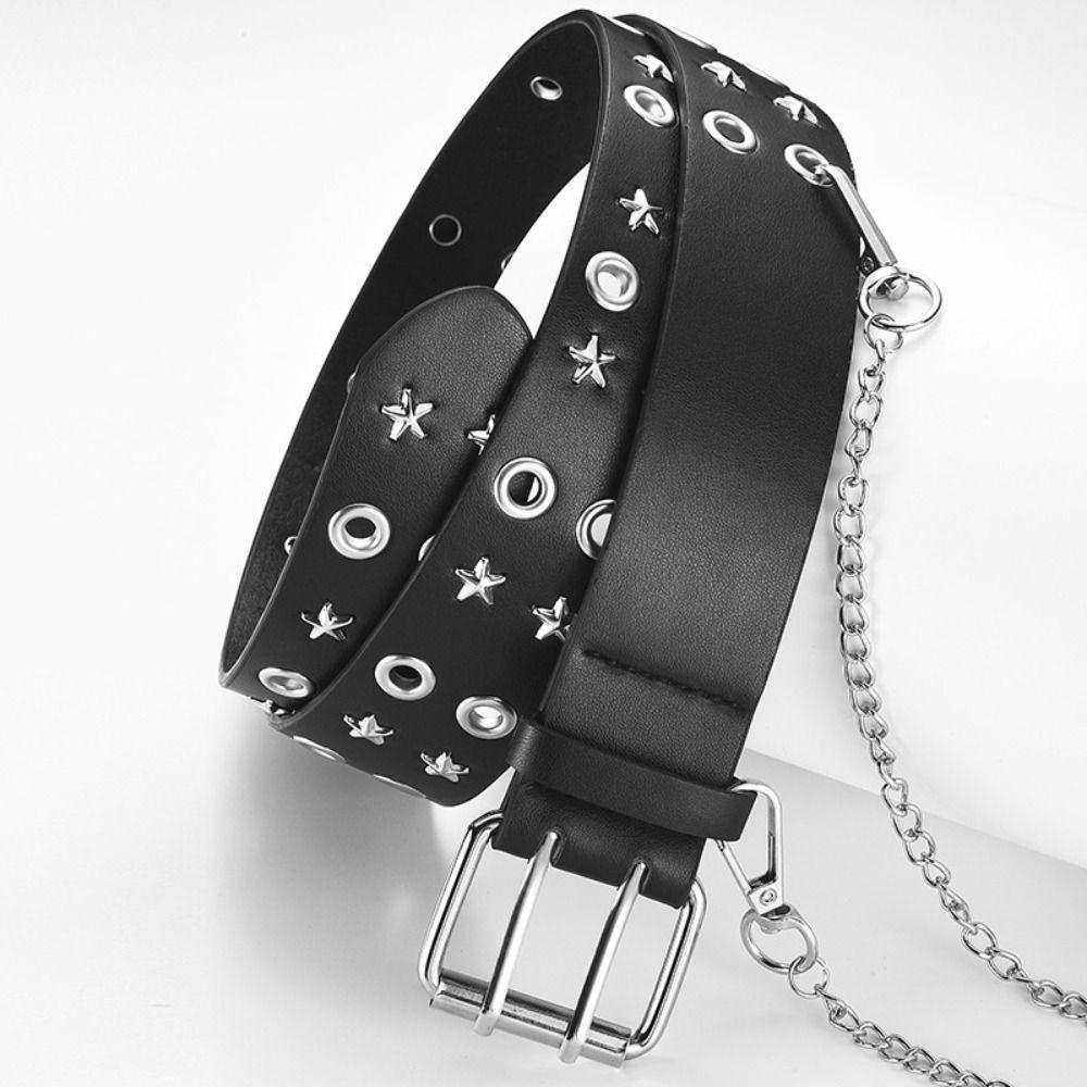 Metal Star Rivet Belt PU Leather Y2K Belt Vintage Double Row Buckle Waistband Female