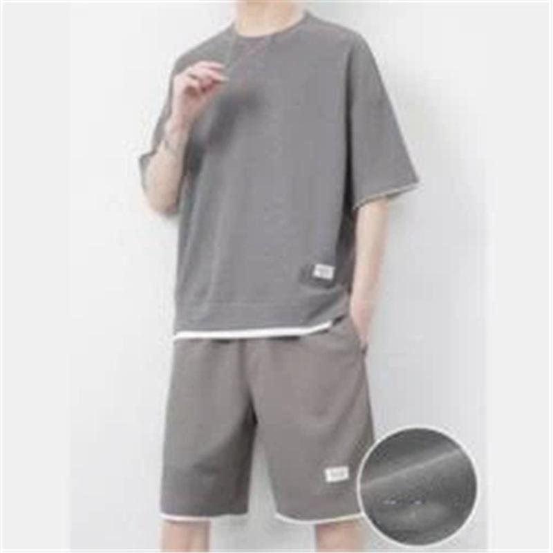 Herren Waffelstrick Lässiges Sportset Sommer Eisgefühl Fake Zweiteiler Kurzarm Shorts Zweiteiler Anzug