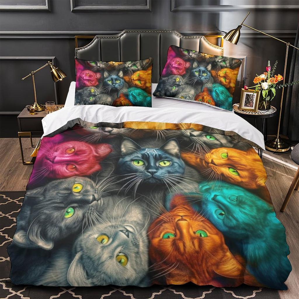 3D Digital Printing Color Cat Series Quilt Cover Pillowcase Two Or Three-Piece Set Polyester Abraded