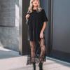 Abito Lungo da Donna Girocollo Manica Corta Vestibilità Ampia Vita Alta Casual Patchwork di Pizzo