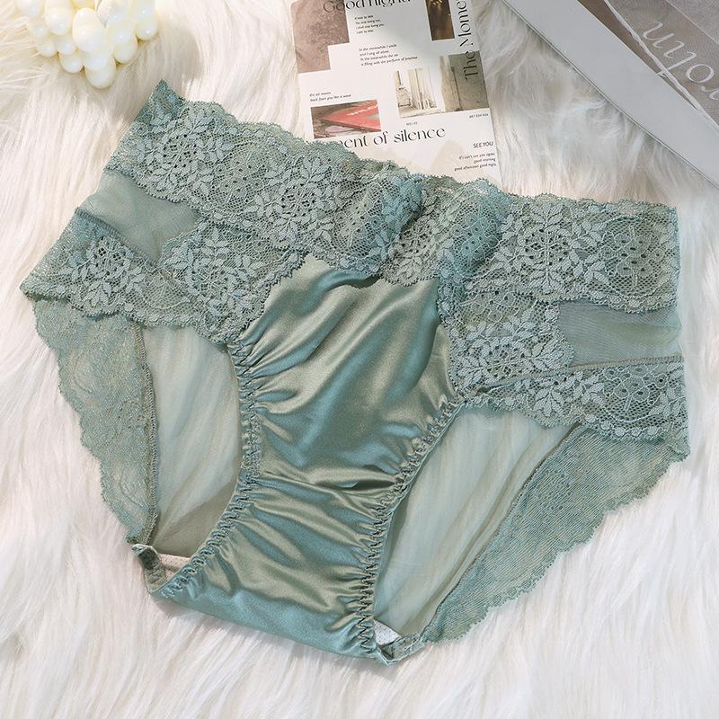 Women Satin Lace Patchwork Underwear Comfortable Panties Ladies Mid Waist Underpants Solid Color Briefs Female Lingerie