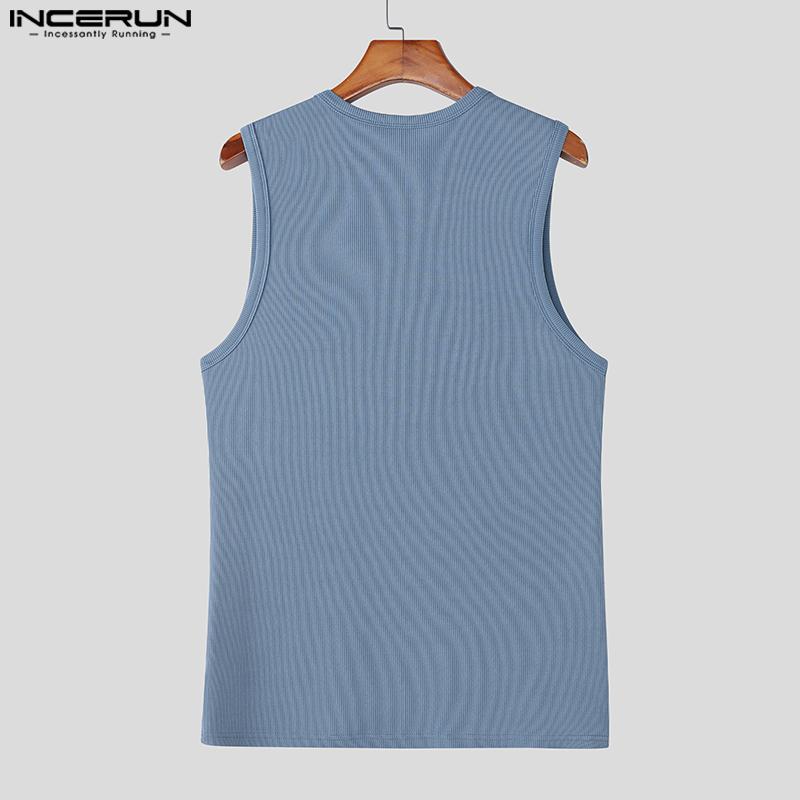 INCERUN Summer Men Round Neck Sleeveless Semi-Sheer Rib Casual Tank Tops