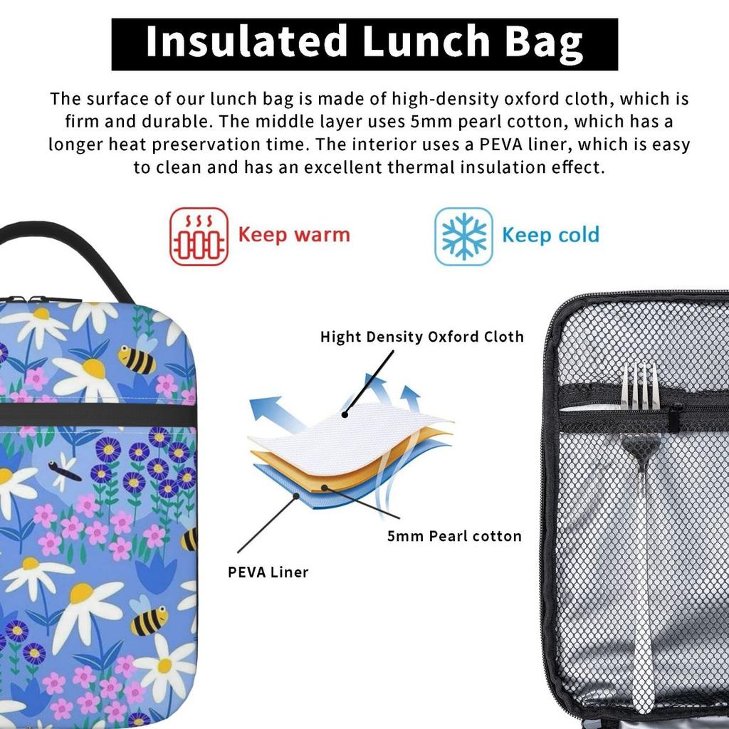 The Pattern Of Bees Picking Flowers Insulated Lunch Bag for Women Kids Portable Food Boxes Thermal Lunch Box Tote